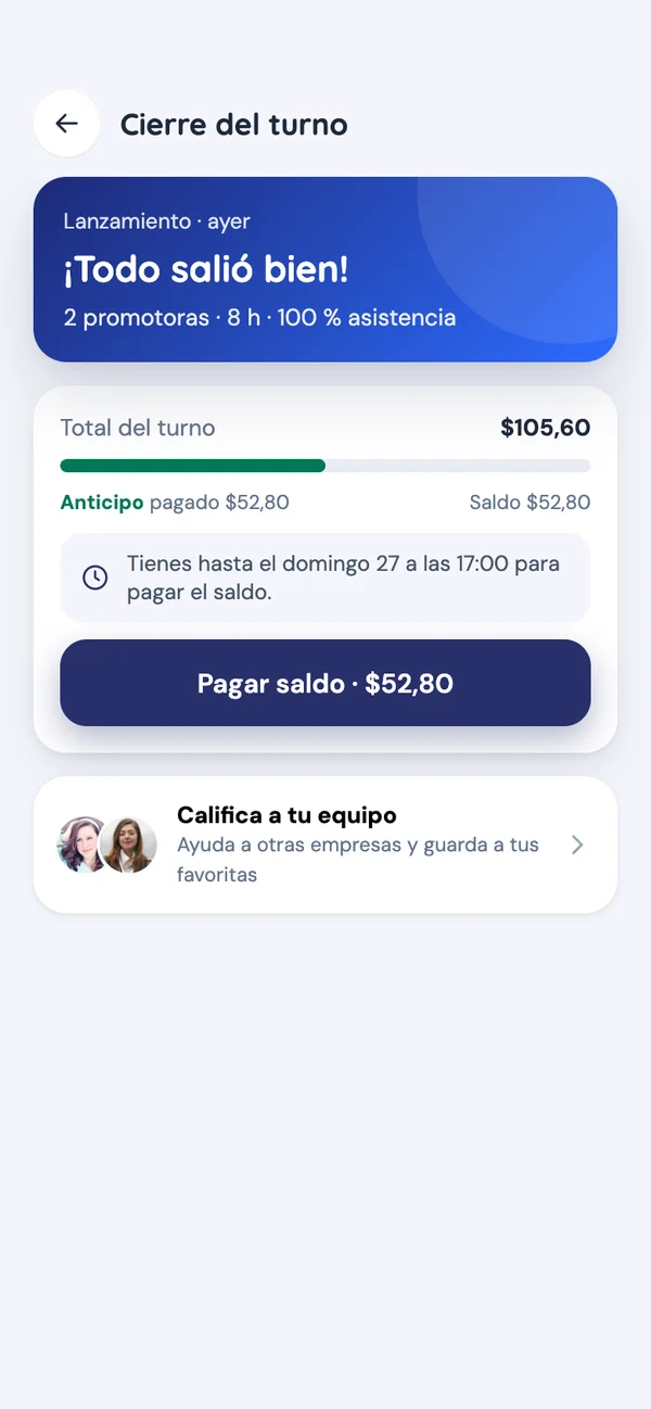 App de empresa: cierre del turno y pago del saldo