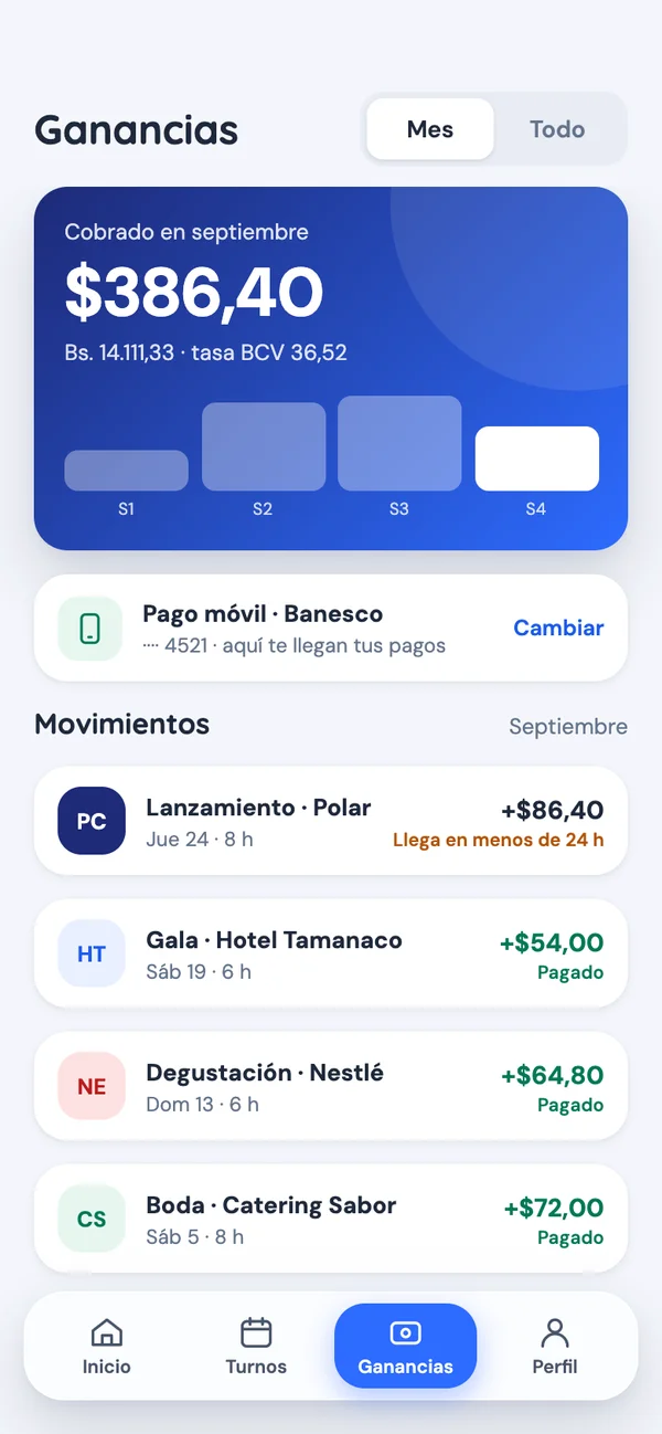 App de talento: ganancias del mes y pagos recibidos