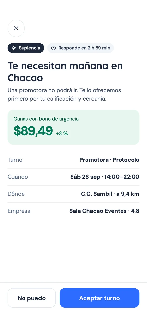 App de talento: oferta de suplencia urgente con bono, para cubrir a una promotora que no podrá ir